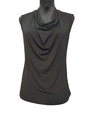 Anne Klein Womens Black Sleeveless Cowl Neck Top With Faux Leather Shoulder Acce